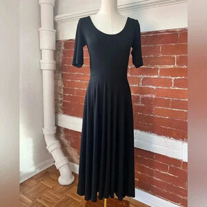 Reformation Jeans Black Scoop Neck Midi Dress Elbow Sleeve Stretch Fit and Flare